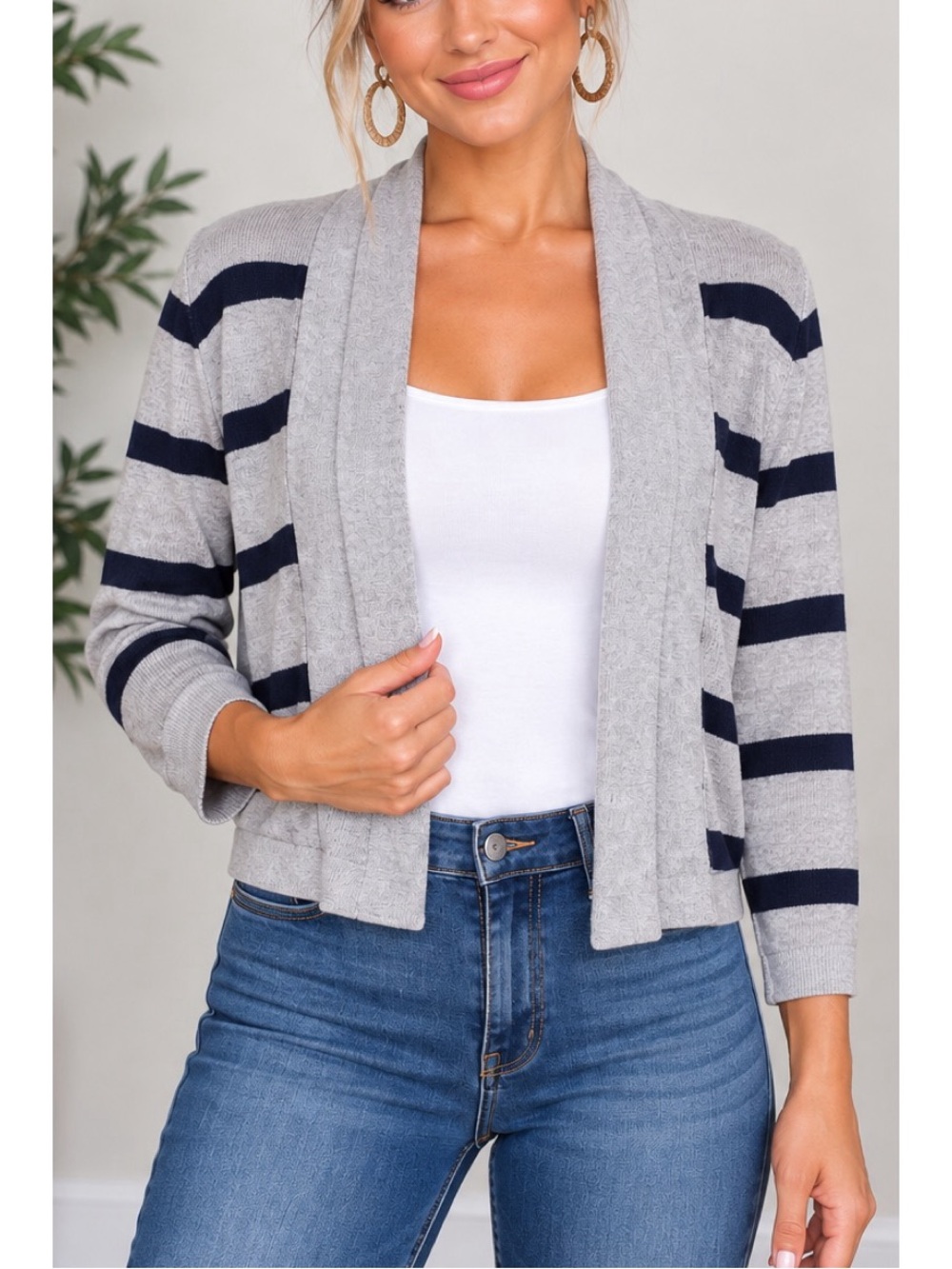 Cyrus Gray & Navy Striped Cropped Cardigan- size Medium